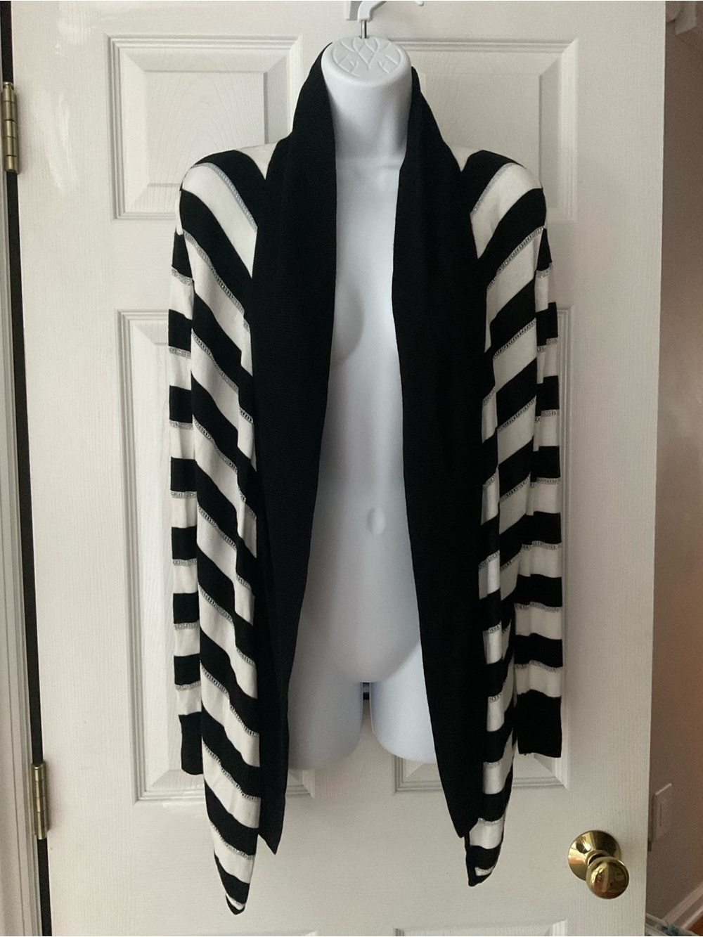 White House Black Market Black & White Striped Draped Cardigan